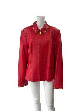 $1295 NWT St. John Matador Red Leather Gold Chain Collared Jacket size XL